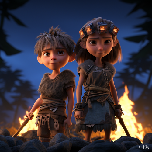 Primitive Boy and Girl in 3D Anime Style