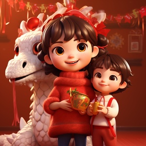 Cute Chinese Dragon and Girl Welcoming New Year in Festive Style