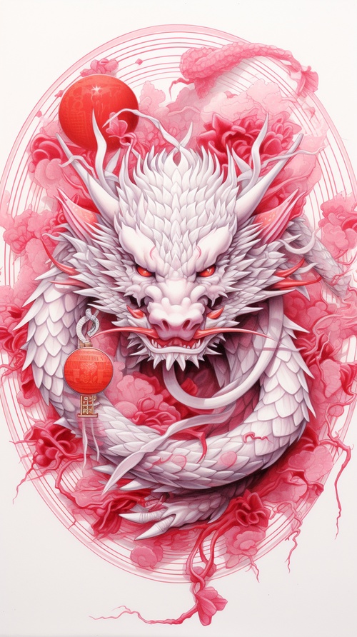 Draw it in a circle ，red dragon painting with white designs on a sketchbook, in the style of light red and pink, tattoo, flat shading ar 128:121 style raw stylize 250 v 6