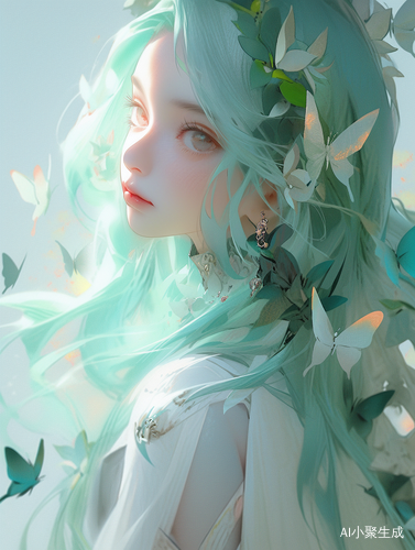 Hyper-realistic Anime Girl with Green Hair and Butterfly Accessories