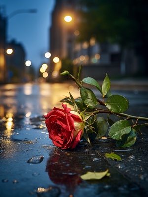 城市的夜晚，下雨，马路被雨水打湿，路灯，马路上躺着十几只玫瑰花，粗壮的枝干和绿叶，花朵上有雨珠，一对情侣背对背各奔西东，分手孤独伤感的情绪氛围感，广角拍摄，专业摄影，24K，佳能镜头