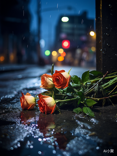 城市夜晚的雨中孤独