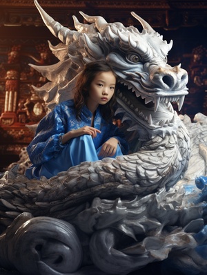 A little beautiful 12 year old girl sits on the body of thedragon, Blue and white porcelain dragon,the dragonhovers in the sky,Chinese dragon, Tin foil gold,grandscene,C4D rendering,Surrealism,master works, movielighting, Ultra HD, fine details, color grading,32K HD