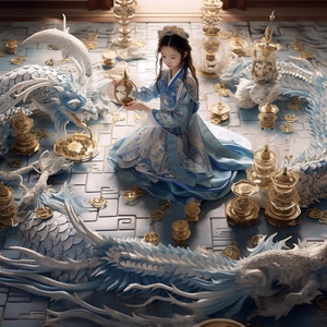 Chinese Little Girl in Hanfu with Blue and White Porcelain Dragon