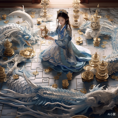 Chinese Little Girl in Hanfu with Blue and White Porcelain Dragon