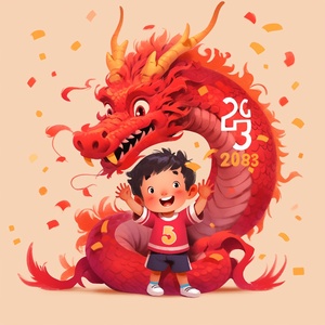 Festive Chinese New Year Cartoon Sticker Art with Dragon and Boy