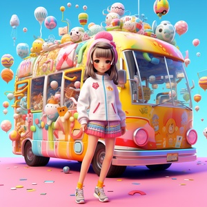 3D Pretty Vital Girl, Exquisite Portrait,3D漂亮的活力女孩，精美的肖像，Standing in Front of Cute Bus, Mixed Patterns, Text and Emoji Installation, Cute Bun, Rainbow,站在可爱的巴士前，混合图案，文字和表情符号装置，可爱的面包，彩虹，Star Art Group (Stars), Surreal Pop, Candy Core, Eve Bunchu, ShinyGlossy, Soft Focus, in the style of rendered in cinema4d, party kei, salon kei, y2k, Hallyu rendering styleStar Art Group（Stars）， Surreal Pop，Candy Core，Eve Bunchu，ShinyGlossy，Soft Focus，在Cinema4d，party kei，salon kei，y2k，Hallyu渲染风格ar 3:4 niji 5