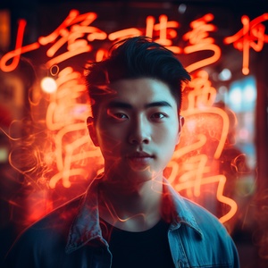 chinese young man face is lit up in neon light with words, in the style of mr 不赖屎, xiao bao, romantic scenes, orange and red ,gongxifacai, selective focus, uhd image