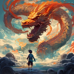 chinese dragon （loong）chasing a little boy of blue sky, in the style of laurie greasley, colorful storytelling,miwa komatsu, casey childs, asian-inspired, energy- filled illustrations, red and blue ar3:4s 750niji 5