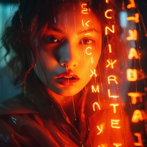 young female face is lit up in neon light with words, in the style of miss aniela, ren hang, romantic scenes, orange, xiaofei yue, selective focus, uhd image