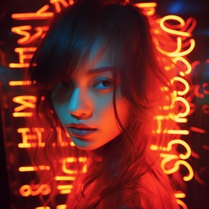 young female face is lit up in neon light with words, in the style of miss aniela, ren hang, romantic scenes, orange, xiaofei yue, selective focus, uhd image