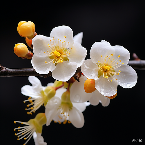 金黄梅花在寒风中摇曳，花朵如宝石般光芒四射