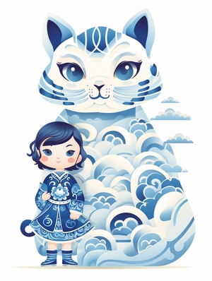 A Chinese little girl is standing in front of a giant cat,Chinese paper cut craft,blue and white porcelain,flat illustration,cartoon,vector art,folt art,white background