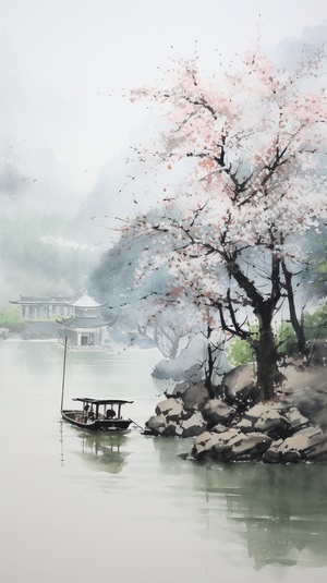 Chinese Ink Painting: Spring Scenery by the Ancient Trees