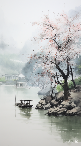 Chinese Ink Painting: Spring Scenery by the Ancient Trees