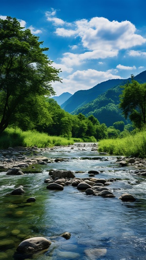 慕勒格勒河，流淌在绿意盎然的山间，水流湍急，波涛汹涌。河岸两侧树木繁茂，各种植物争相生长。天空湛蓝，白云飘荡，阳光透过枝叶洒落在河面上，显得格外明亮。专业摄影师用尼康相机拍摄出的16k高清图像，将莫勒格勒河的美丽风光定格在了画面上，细节逼真，光影效果自然流畅。