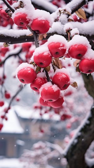 挂满苹果的苹果树下的厚厚白雪：江南小镇的雪花摄影