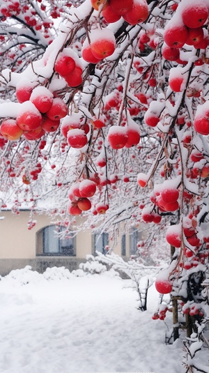 挂满苹果的苹果树下的厚厚白雪：江南小镇的雪花摄影