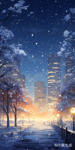 城市高楼，雪后的树上洒光芒，冬日美景尽显