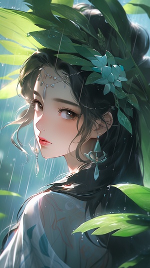 雨中云雾森林中的少女: 动漫艺术与自然主义描绘