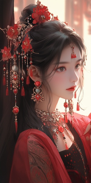 Ancient,beauty,,wedding,dress,,long,black,hair,,delicate,makeup,,exquisite,hair,accessories,,neck,ornaments,,ear,ornaments,,Fengguan,Xia,,wearing,luxurious,and,atmospheric,red,and,gold,pattern,Han,costume,,hazy,sense,,eyes,looking,at,the,camera,,surrounded,by,red,balloons,,emitting,atmosphere,around,the,body,light,,auditorium,background,,dreamlike,sense,,hazy,sense,,ancient,style,,perfect,composition,,fine,details,,movie,texture,,8k,,masterpiece,,quadratic,illustration.,s200,niji5