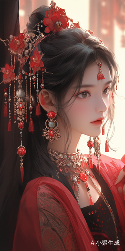 Ancient Beauty: Red and Gold Han Costume with Exquisite Accessories and Dreamlike Atmosphere