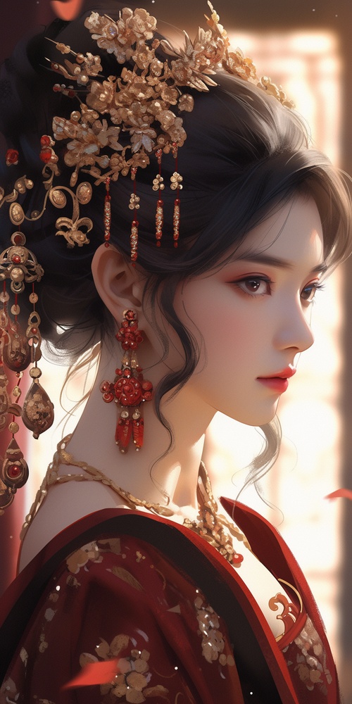 Ancient,beauty,,wedding,dress,,long,black,hair,,delicate,makeup,,exquisite,hair,accessories,,neck,ornaments,,ear,ornaments,,Fengguan,Xia,,wearing,luxurious,and,atmospheric,red,and,gold,pattern,Han,costume,,hazy,sense,,eyes,looking,at,the,camera,,surrounded,by,red,balloons,,emitting,atmosphere,around,the,body,light,,auditorium,background,,dreamlike,sense,,hazy,sense,,ancient,style,,perfect,composition,,fine,details,,movie,texture,,8k,,masterpiece,,quadratic,illustration.,s200,niji5