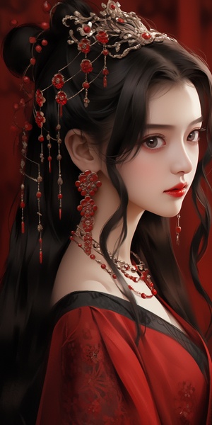 Ancient,beauty,,wedding,dress,,long,black,hair,,delicate,makeup,,exquisite,hair,accessories,,neck,ornaments,,ear,ornaments,,Fengguan,Xia,,wearing,luxurious,and,atmospheric,red,and,gold,pattern,Han,costume,,hazy,sense,,eyes,looking,at,the,camera,,surrounded,by,red,balloons,,emitting,atmosphere,around,the,body,light,,auditorium,background,,dreamlike,sense,,hazy,sense,,ancient,style,,perfect,composition,,fine,details,,movie,texture,,8k,,masterpiece,,quadratic,illustration.,s200,niji5