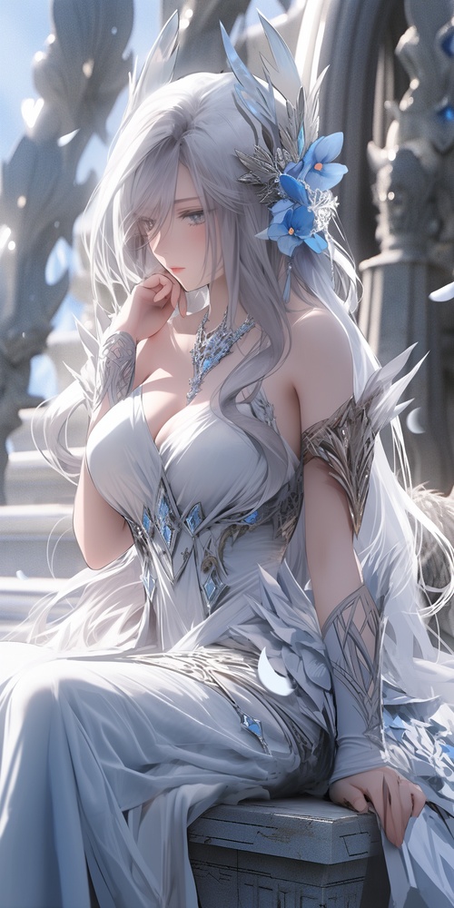 perfect hybird of ultra instinct five understandings to standing shoulder to shoulder with gods a woman with long white hair sitting on a bench, cinematic bust portrait for dark dress!! of goddess, | fine detail anime, shenhe from genshin impact, extremely high detail, clos up of a young anime girl, 2b niji 5 ar 9:16