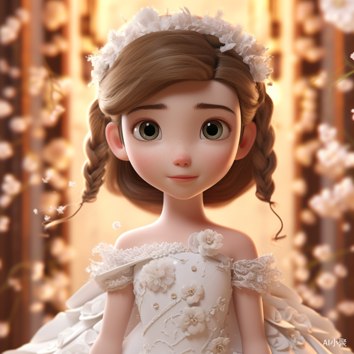 Cute Little Girl in White Wedding Dress with Beautiful Eyes