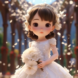 Cute Little Girl in White Wedding Dress with Beautiful Eyes