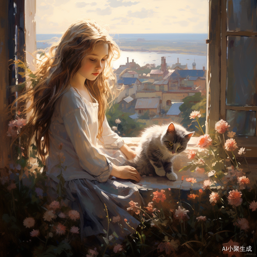窗边长发小女孩与猫咪对望花海