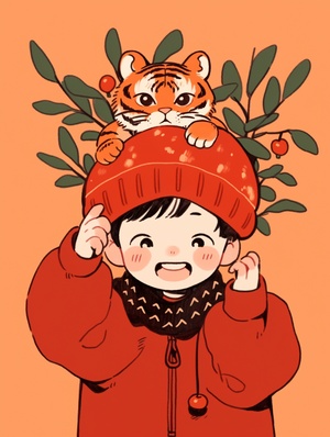 Cute Boy with Persimmon: Traditional Chinese New Year Doodle