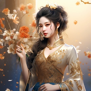 中国女士壁纸与蓝色背景的花朵