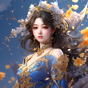 中国女士壁纸与蓝色背景的花朵