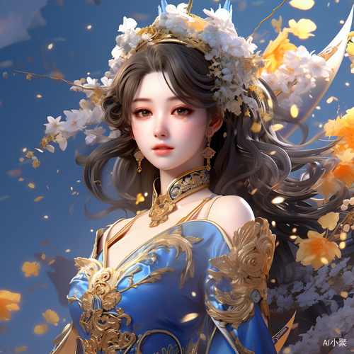 中国女士壁纸与蓝色背景的花朵