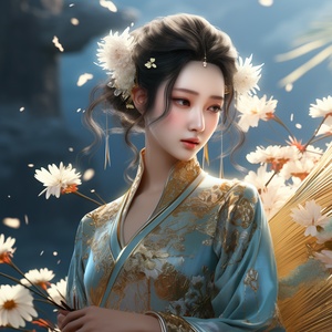 中国女士壁纸与蓝色背景的花朵