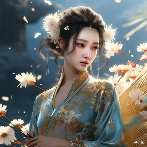 中国女士壁纸与蓝色背景的花朵