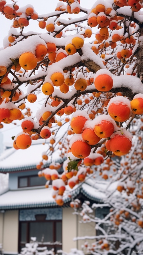 一颗柿子树挂满柿子，下雪，厚厚白雪，江南小镇，雪花，摄影