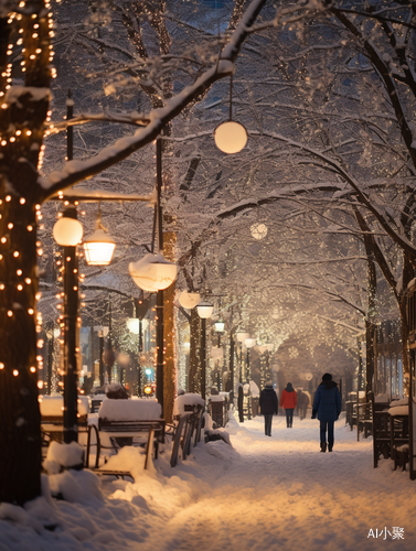 城市高楼，雪后的树上洒光芒，冬日美景尽显