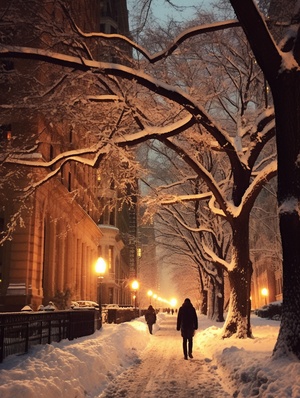 傍晚，城市高楼林立，，有光穿过，洒在雪后的树上，树上的枝条上堆积着厚厚的白雪，像是一串串珍珠，闪耀着迷人的光芒。微风吹过，树枝轻轻摇曳，雪花纷纷扬扬地飘落下来，如同天女散花般美丽。古老的城市建筑、青石板路、小桥流水，都被白雪覆盖，仿佛时间凝固，只留下一片宁静与美好。雪花静静地落在屋顶、桥梁和河岸边，将城市装点成了一幅宁静而美丽的水墨画。在这美丽的冰雪世界里，树木与城市楼房相互映衬，构成了一幅独特的冬日美景。这个冬天，因为树的雪，因为城市的美，变得格外难忘。它让人们感受到了大自然的神奇 v 5.2 ar 2:3