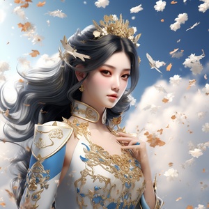 中国女士壁纸与蓝色背景的花朵