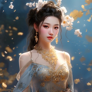 中国女士壁纸与蓝色背景的花朵，虚幻引擎5的风格，淡金色和金色，动漫风格，戏剧描绘，彩色动画，我不敢相信这是多么美丽，princesscore