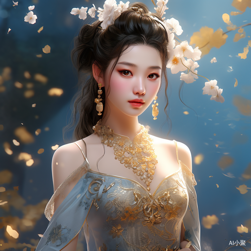 中国女士壁纸与蓝色背景的花朵