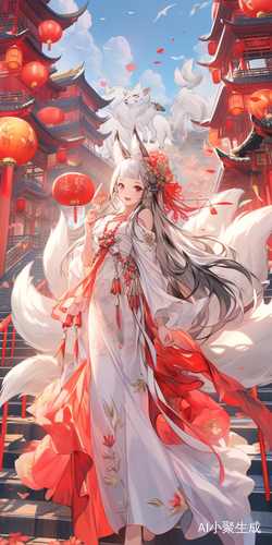 白色九尾狐和女子手捧红灯笼，欢快奔跑在城楼上元节