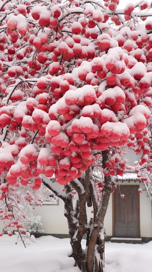 苹果树下的江南雪景摄影