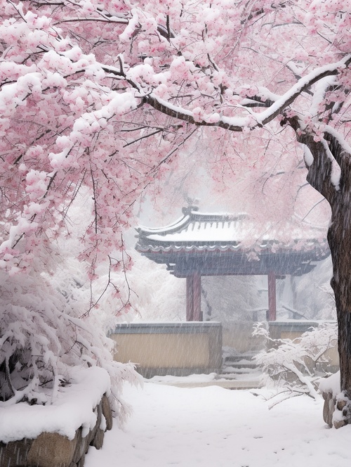 中国风小院的墙内，开了几枝梅花，冒着严寒，在大雪中盛开。花瓣洁白如雪，隐隐传来阵阵的香气。高清，真实摄影，画面唯美，大师级