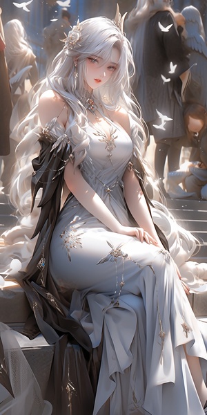 perfect hybird of ultra instinct five understandings to standing shoulder to shoulder with gods a woman with long white hair sitting on a bench, cinematic bust portrait for dark dress!! of goddess, | fine detail anime, shenhe from genshin impact, extremely high detail, clos up of a young anime girl, 2b niji 5 ar 9:16