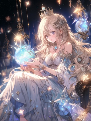 Maiden, starry sky, ancient, legendary ball, golden lace gloves, blond hair, mystery, big pink eyes, gorgeous jewelry dress, Cinderella's purity, Sleeping Beauty Palace, glass sapphire clear crystal slippers, chandelier, long hair, solo, solo focus, starlight gauze dress, meteor best quality, super detail, fine clothes, 8k, gradient eyes, long eyelashes, long blond hair, princess dress, noble, snow Sapphire eyes, super long hair, fine clothes, meticulous CG8, wallpaper 8k, masterpiece, super detail, bes