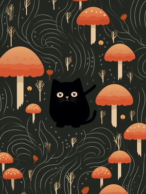 a small grass pattern with kawali Mushroom and black cat,four-way continuous,Quadrilateral continuity,brown,red and a hint of blue,in the style of Whimsical,children's book illustrations,soft and dreamy depictions,toycore,simple designs